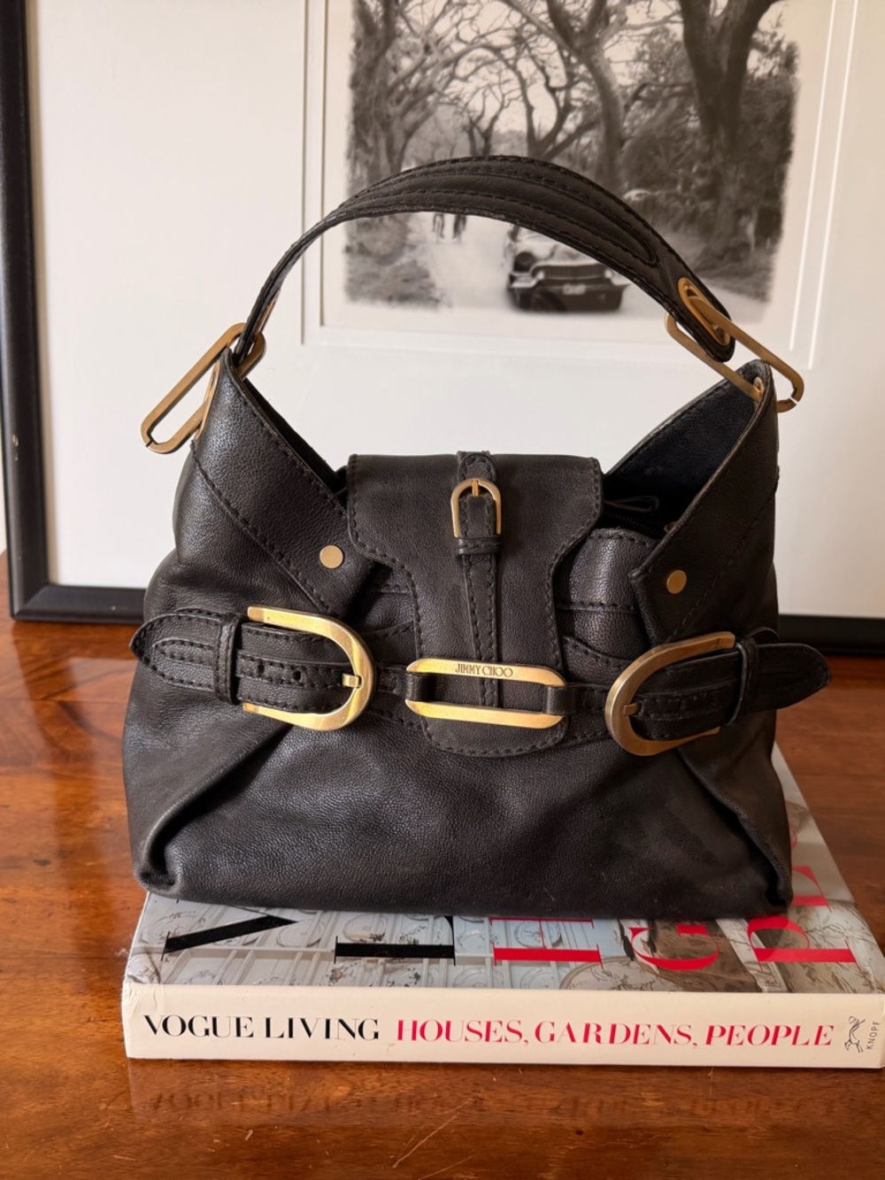 Jimmy Choo Black Leather Shoulder Bag with Gold Buckle Accents